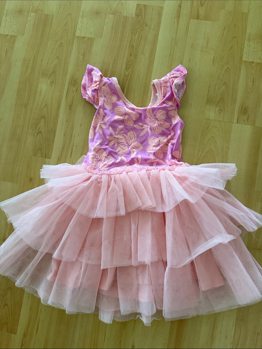 Girls Pink Floral Tulle Party Dress with Ruffle Sleeves